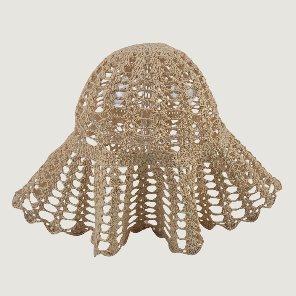 Vintage Handmade Knit Crochet Floppy Sun Hat Beige Cream Cotton Boho Festival